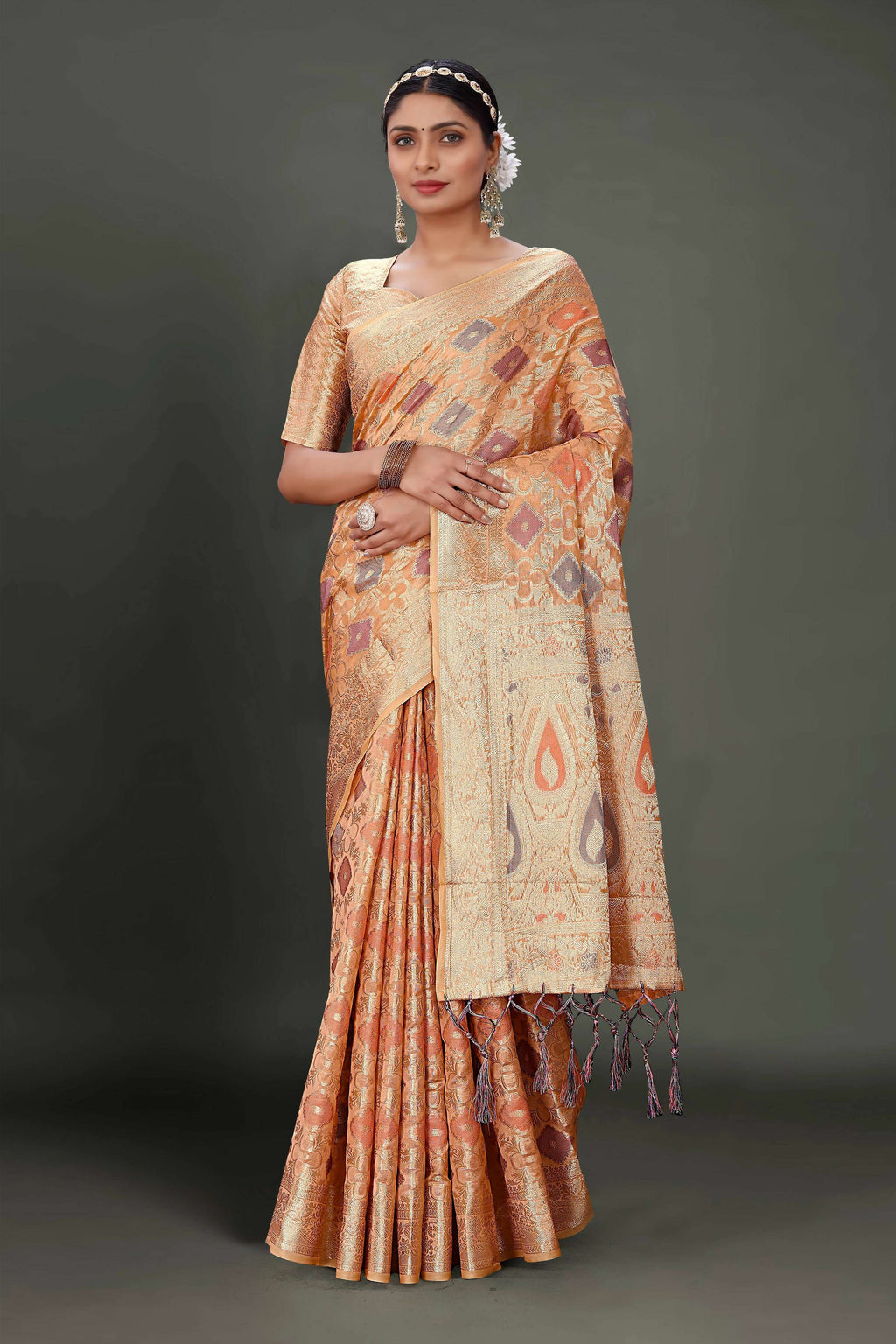 Peach Soft Organza Woven Design Saree With Unstitched Blouse Piece - Zaara | Grocsy