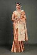Peach Soft Organza Woven Design Saree With Unstitched Blouse Piece - Zaara | Grocsy
