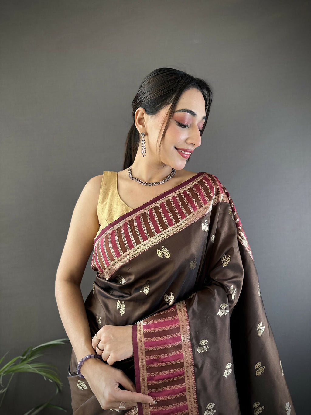 Joban Fashion Brown Woven Zari Motifs Lichi Silk Banarasi Silk Saree | Grocsy