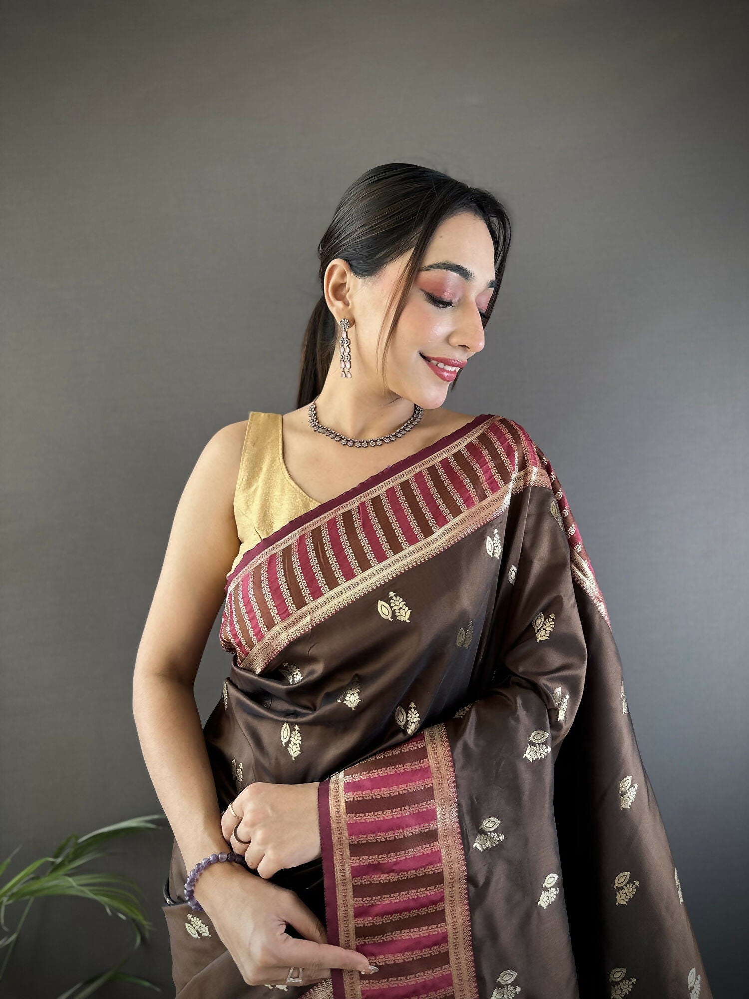 Joban Fashion Brown Woven Zari Motifs Lichi Silk Banarasi Silk Saree | Grocsy