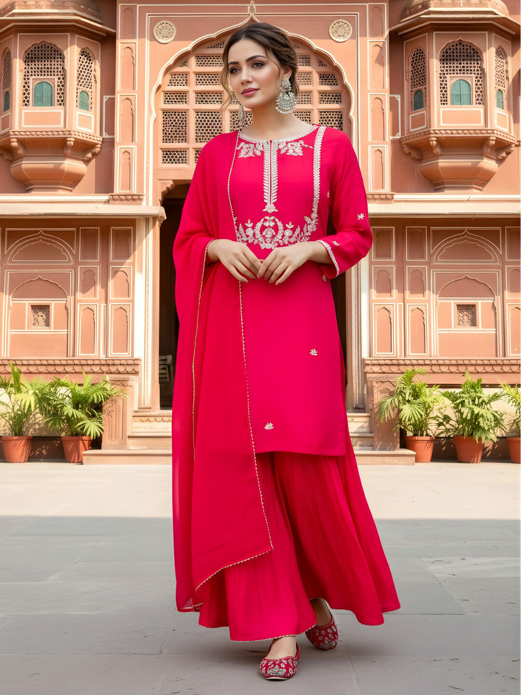 The52 Women's Gorgeous Embroidery Work Viscose Silk Fabric Straight Kurta Palazzo and Dupatta Set-Red | Grocsy