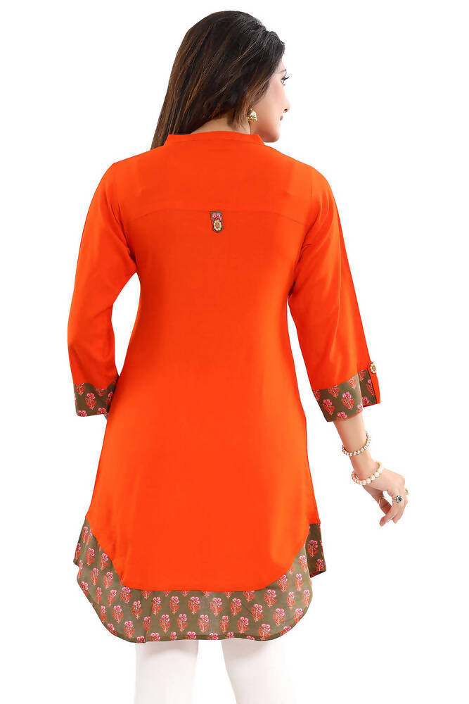 Snehal Creations Rayon Designer Embroidery Orange Tunic | Grocsy