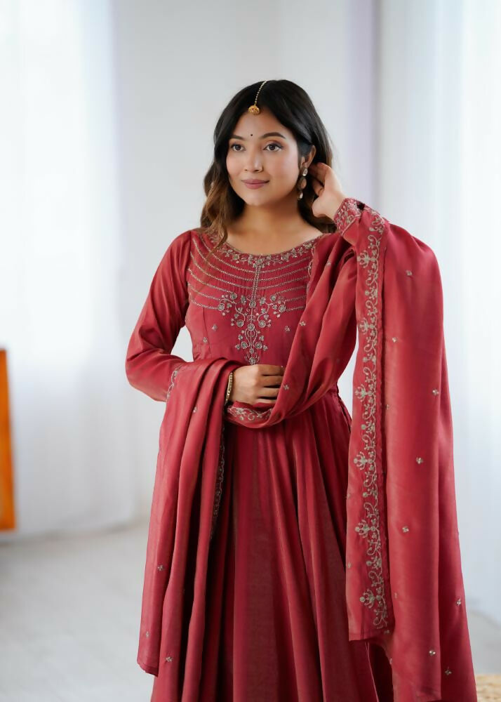 Lehenga Mart Designer Anarkali Suit With Kurta, Pant, Dupatta For Women-Maroon | Grocsy