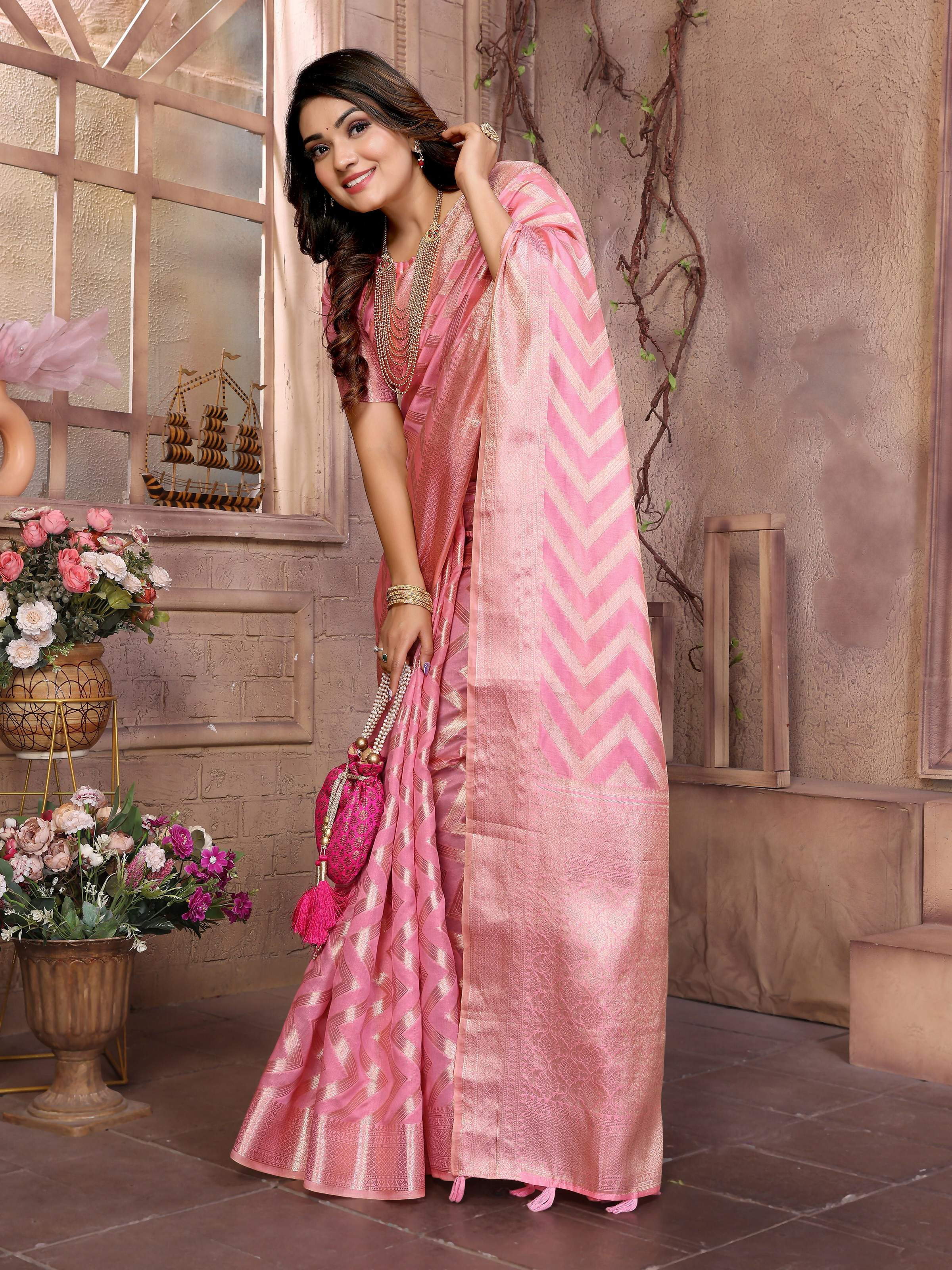 Aastha Fashion Pink Soft Organza Silk Weaving Saree | Grocsy