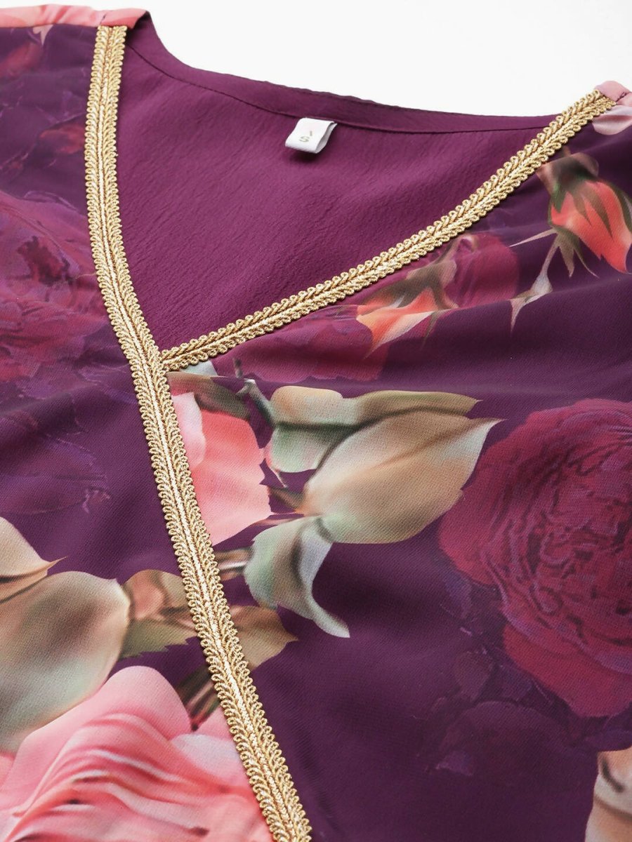 Ahalyaa Women Floral Printed Angrakha Kurta with Palazzos - Burgundy Color | Grocsy