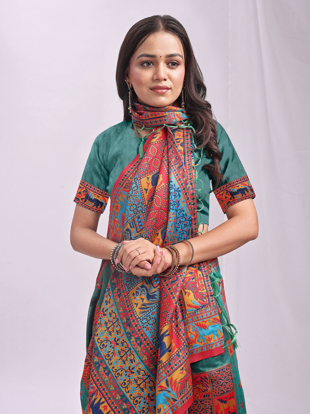 Shree Shyam Fashion Vastraloom Rama Green Linen Cotton Saree | Grocsy