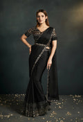 Black Satin Silk Crepe Cord Sequence & Thread Embroidered & Stone Work Saree - Moh-Manthan Royal Enigma | Grocsy