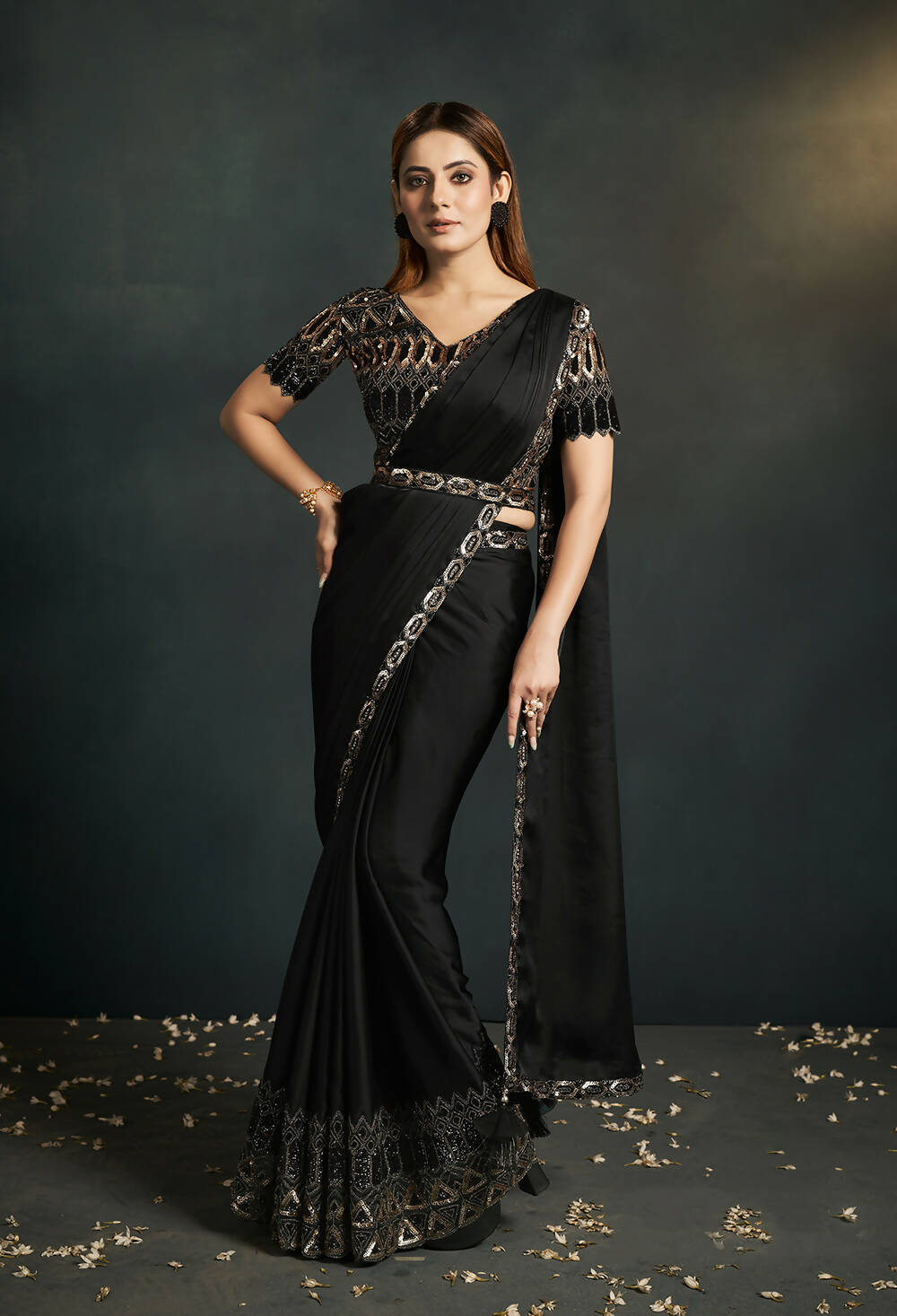 Black Satin Silk Crepe Cord Sequence & Thread Embroidered & Stone Work Saree - Moh-Manthan Royal Enigma | Grocsy