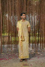 Gold Tissu Kanjivaram Machien Embroidered Pattu Set by Hilo Design | Grocsy