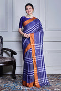 Morchari Sky Blue Cotton Handloom Mirror Work Saree Unstitched Blouse | Grocsy