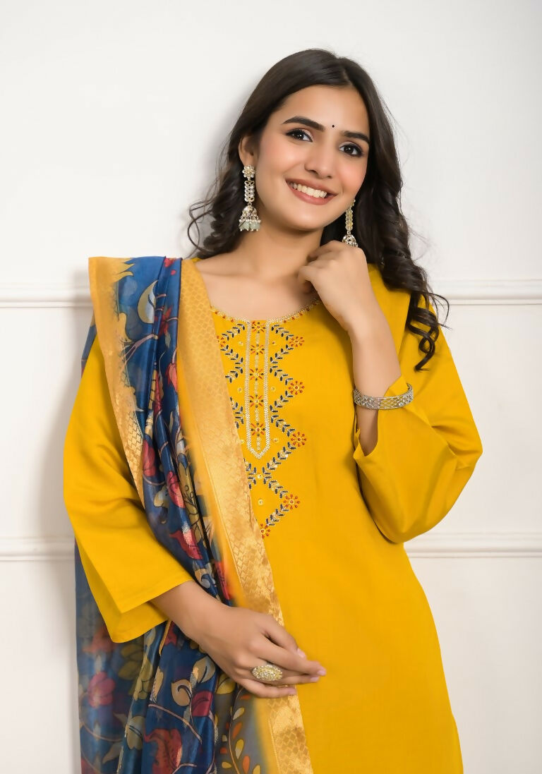 Festive Wear Ethnic YellowViscose Chanderi Stitched Suit With Dupatta - Tanisha | Grocsy