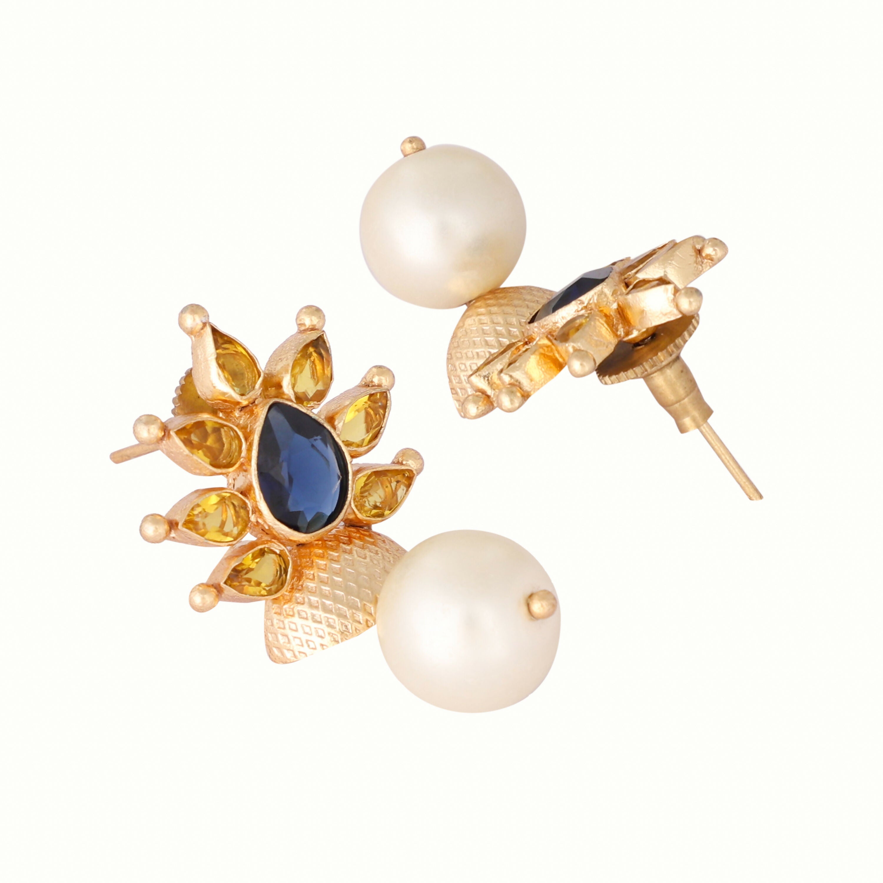 Nuyug 22K Gold Plated Pearl & Crystal Studded Contemporary Floral Stud Earrings | Grocsy