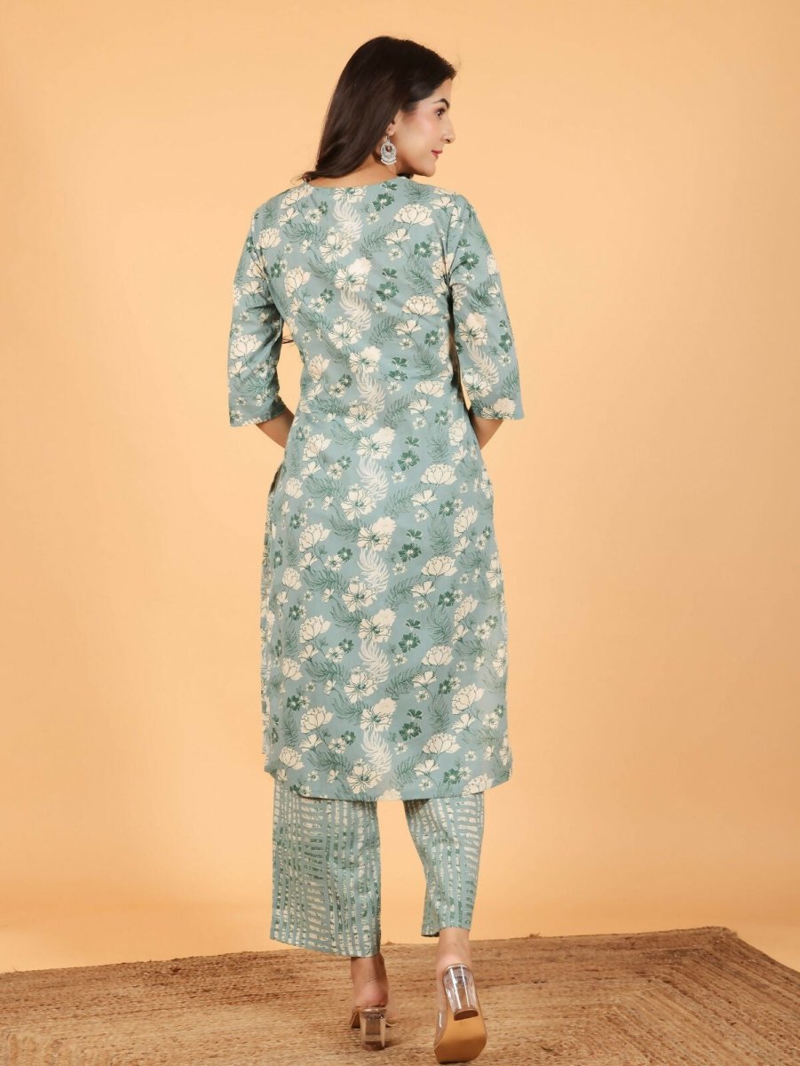 Aramya Straight Soft Cotton Floral Print Women's Kurta Set - Green | Grocsy