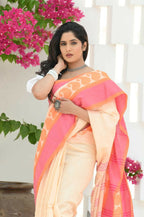 Beatitude Cream Cotton Paisley Border Tangail Handloom Saree | Grocsy