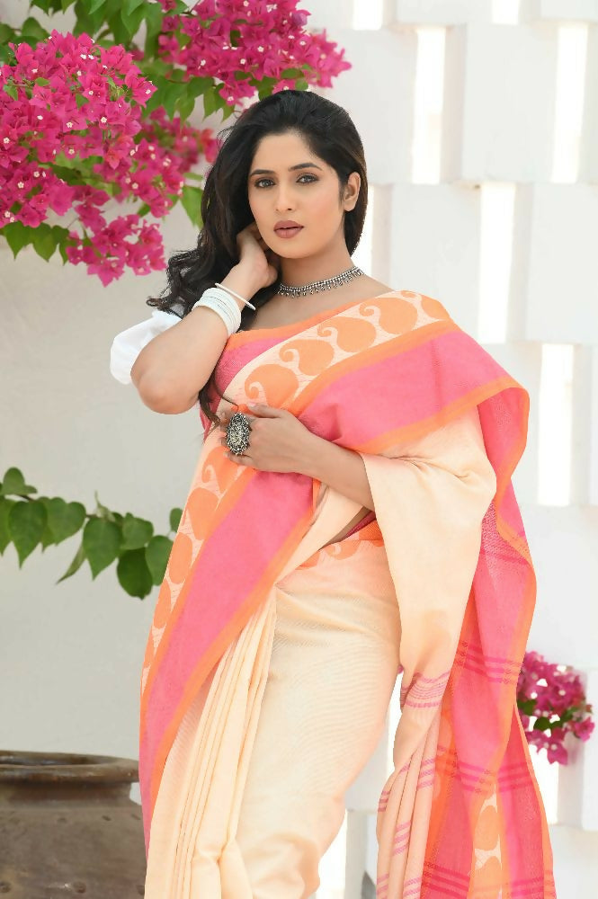 Beatitude Cream Cotton Paisley Border Tangail Handloom Saree | Grocsy