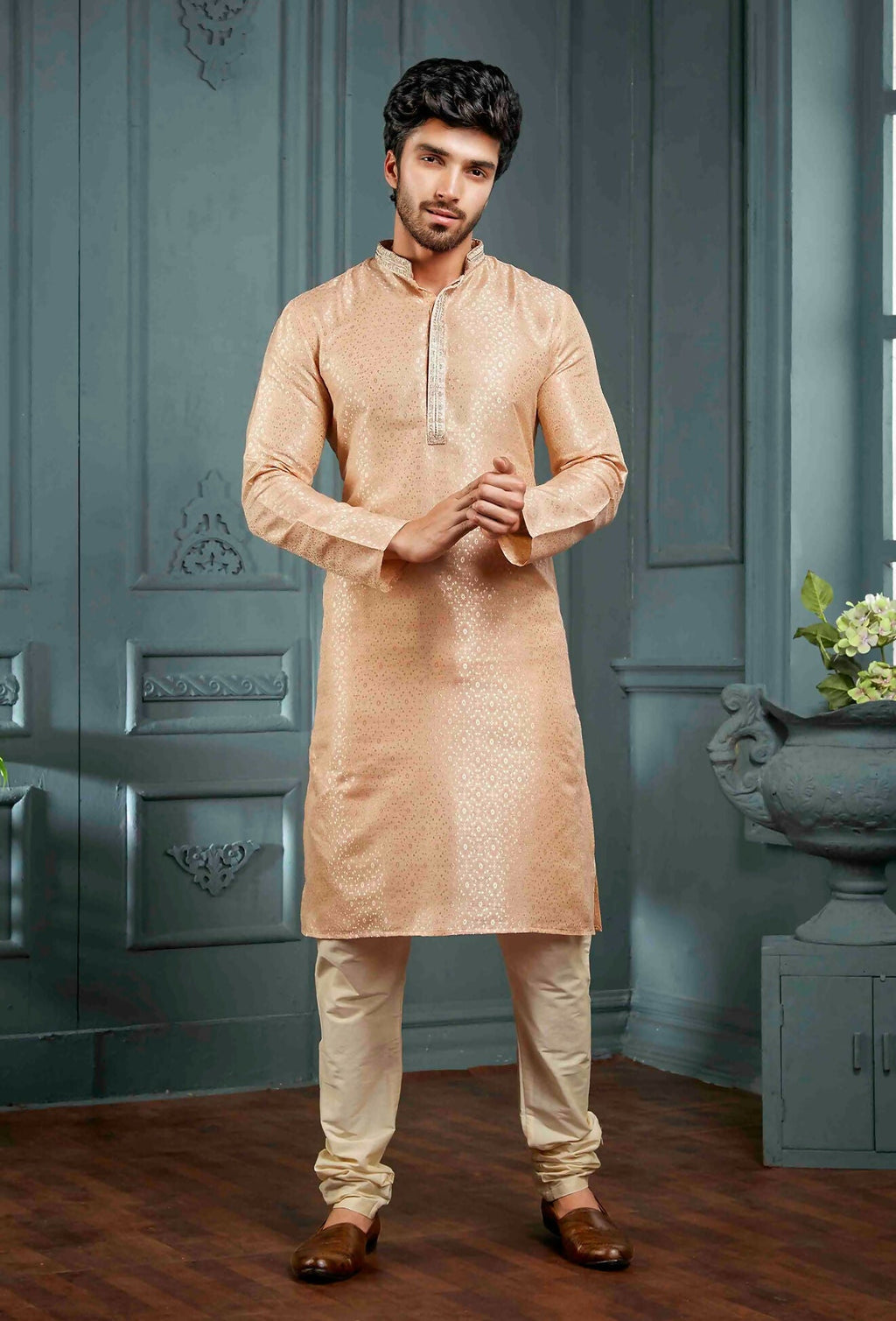 Joban Fashion Men's Light Peach Poly Jacquard Kurta Pajama | Grocsy