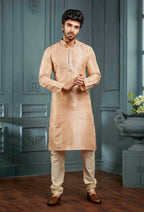 Joban Fashion Men's Light Peach Poly Jacquard Kurta Pajama | Grocsy