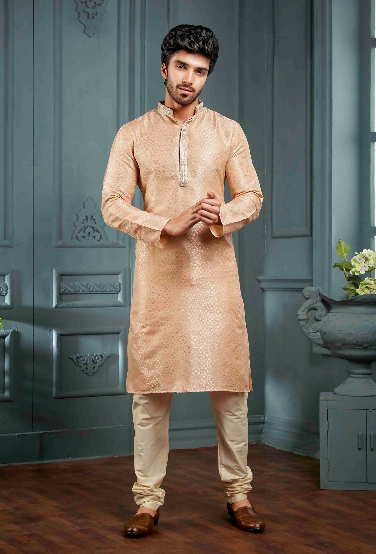 Joban Fashion Men's Light Peach Poly Jacquard Kurta Pajama | Grocsy