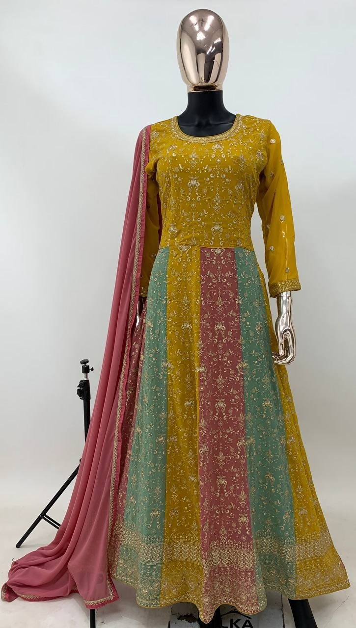 Lorenvalley Fashion Yellow Faux Georgette Embroidery with Sequince Work Gown Stitched | Grocsy