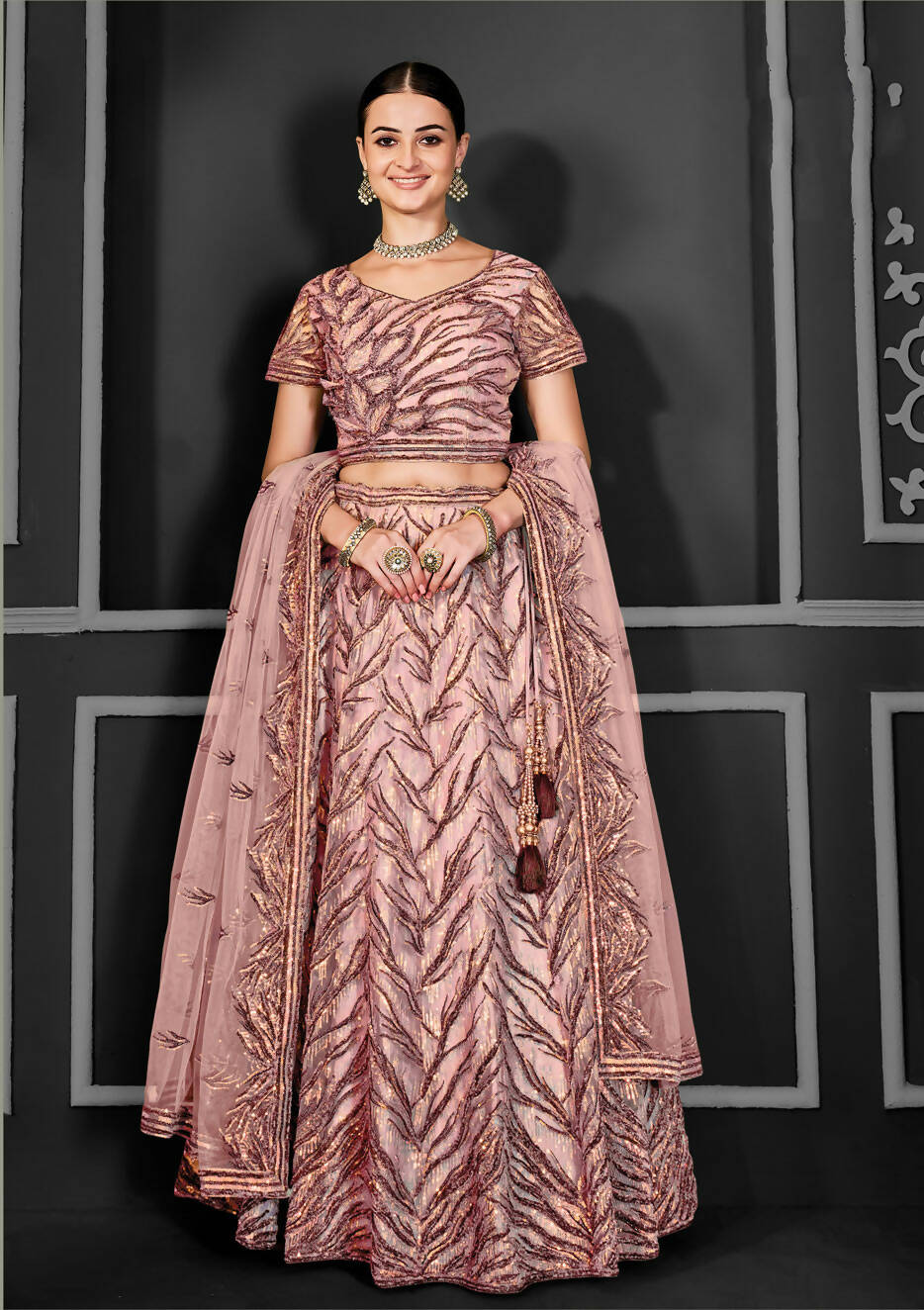 Peach Net Semi-Stitched Bridal Lehenga - Nimayaa Bonanza | Grocsy