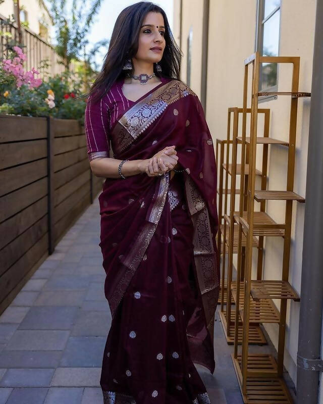 DEIANA'S Beautiful Designer Golden zari Soft Cotton Saree - Wine | Grocsy