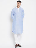 Even Apparels Blue Color Pure Cotton Men's Kurta With Contrast Collar And Placket | Grocsy