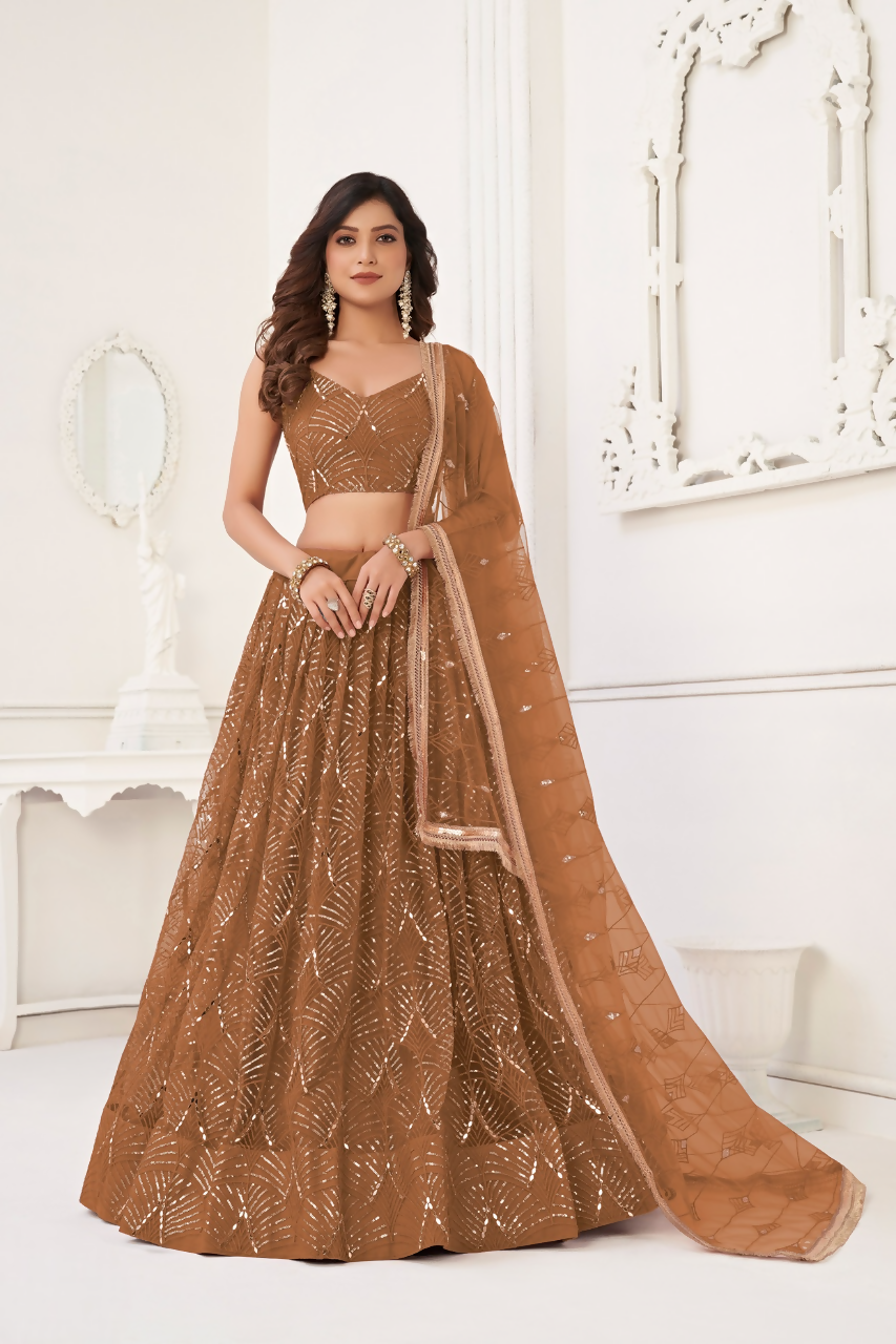 Eilara Brown Thread Sequin Embroidered Net Lehenga Set | Grocsy