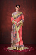 Red Poly Habotai Silk Foil Print Saree with Unstitched Blouse - Kathari | Grocsy
