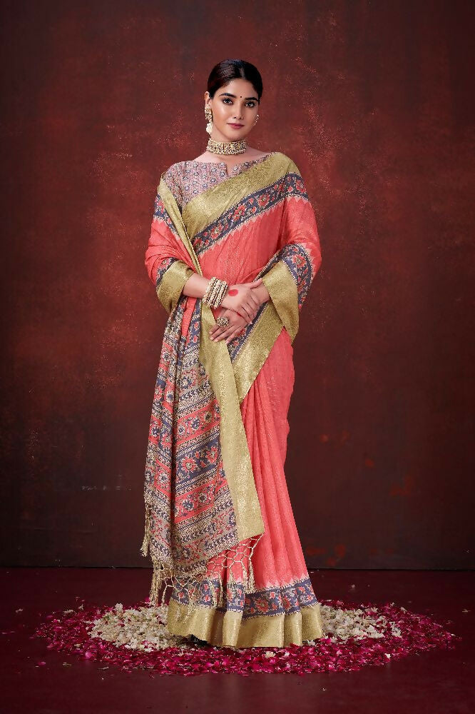 Red Poly Habotai Silk Foil Print Saree with Unstitched Blouse - Kathari | Grocsy