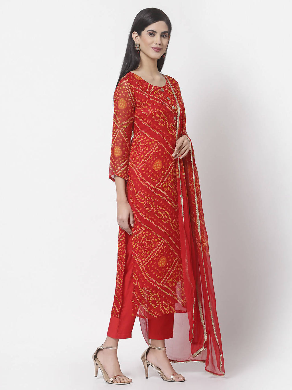 Myshka Women Red Georgette Printed 3/4 Sleeve Round Neck Kurta Pant Dupatta Set | Grocsy