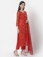 Myshka Women Red Georgette Printed 3/4 Sleeve Round Neck Kurta Pant Dupatta Set | Grocsy