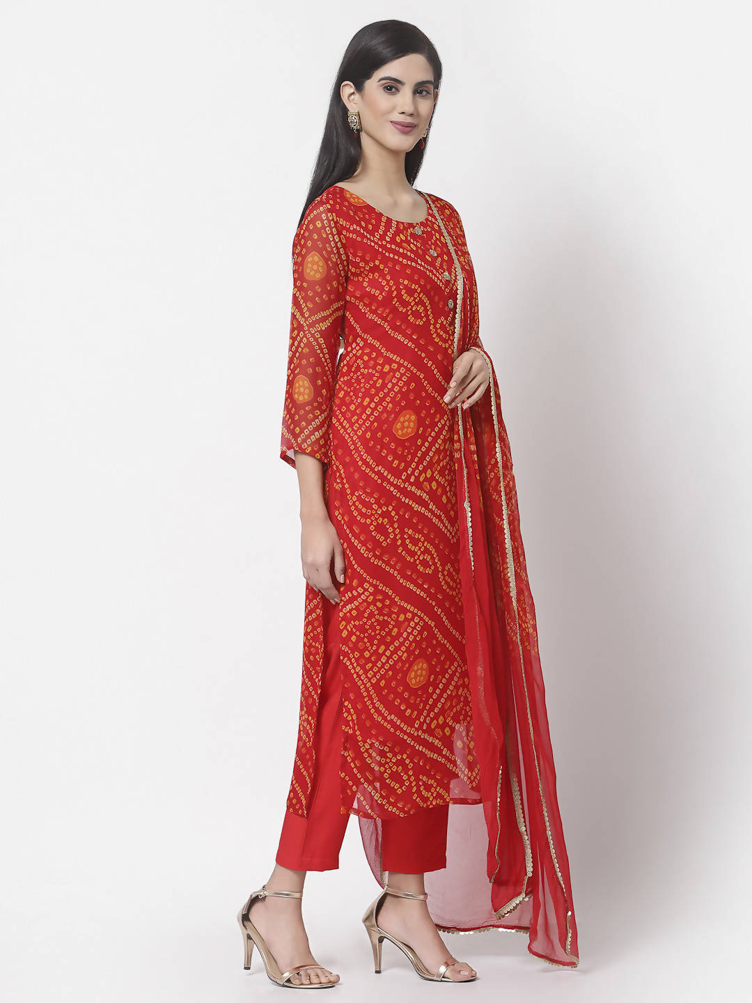 Myshka Women Red Georgette Printed 3/4 Sleeve Round Neck Kurta Pant Dupatta Set | Grocsy