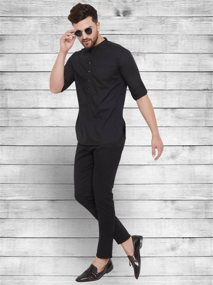 Even Apparels Pure Cotton Black Short Kurta - Black | Grocsy
