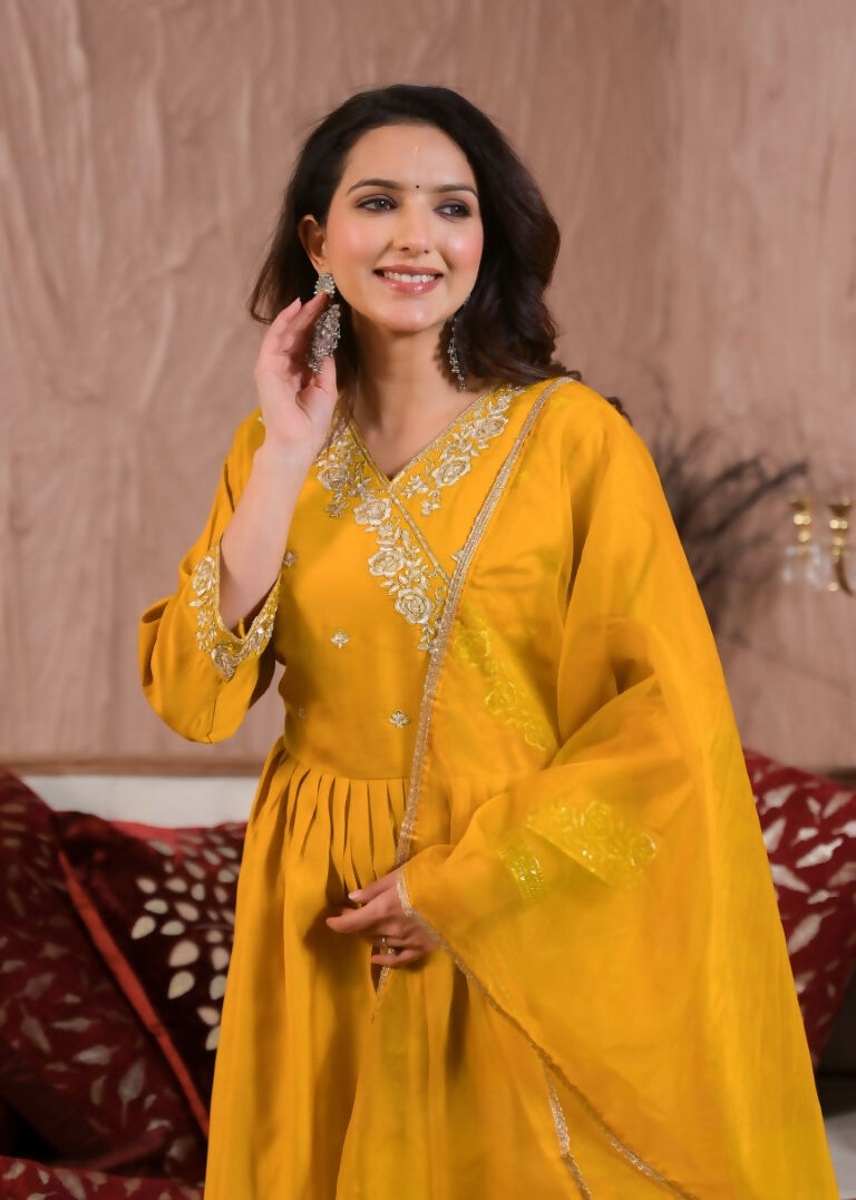 Ethnic Festive Wear Viscose Chanderi Yellow Stitched Suit With Dupatta - Tanisha | Grocsy