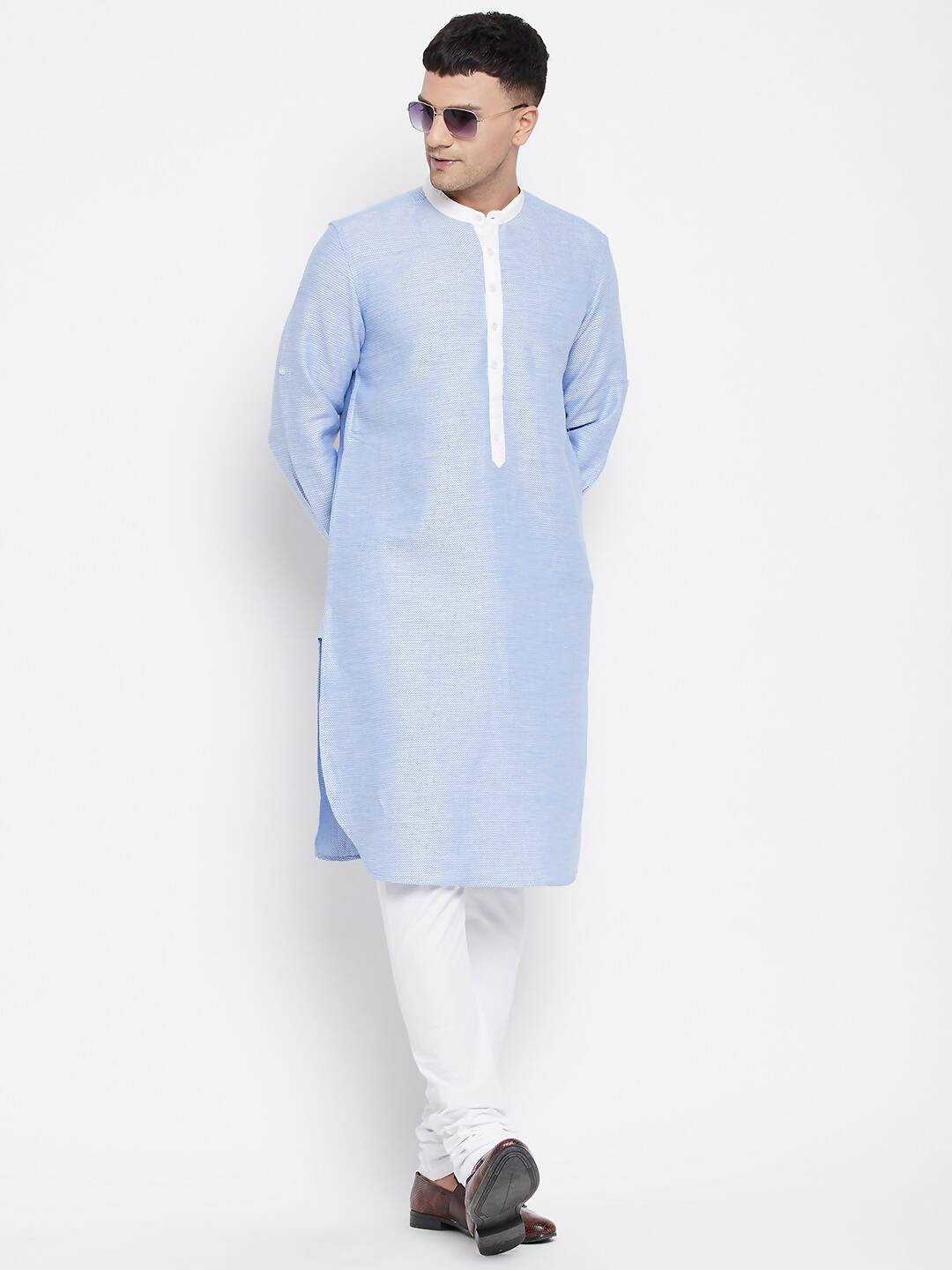 Even Apparels Blue Color Pure Cotton Men's Kurta With Contrast Collar And Placket | Grocsy