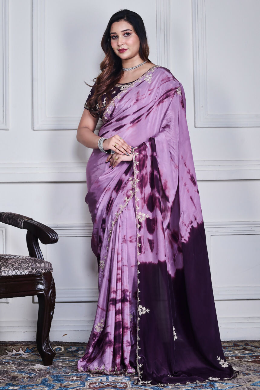 Morchari Wine Crepe Hand Embroidery Saree And Stitched Blouse | Grocsy