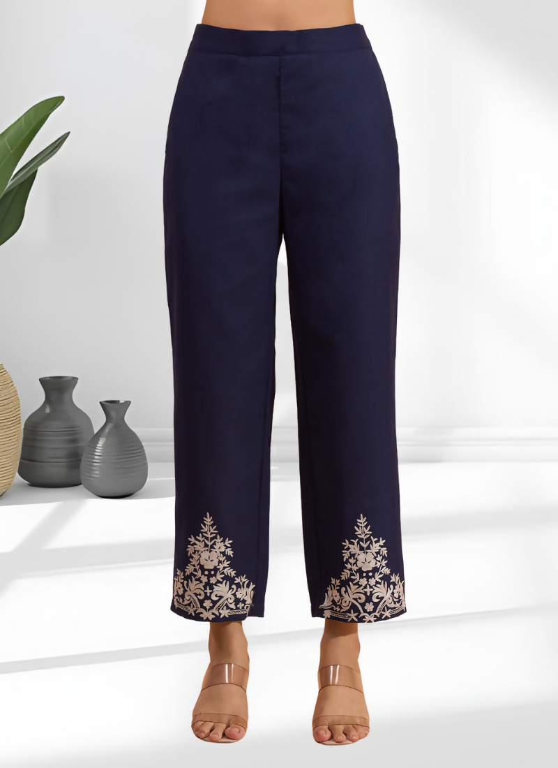 Joban Fashion Navy Blue Cotton, Linen Embroidered Readymade Cord Set | Grocsy