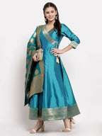 Myshka Women's Green Silk Solid 3/4 Sleeve V Neck Casual Anarkali Gown | Grocsy
