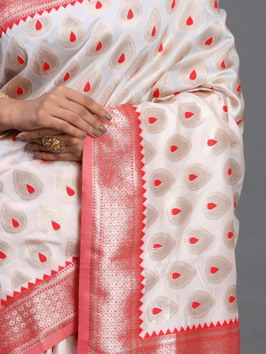 Shree Shyam Fashion Banarasi Silk Red & White Saree | Grocsy