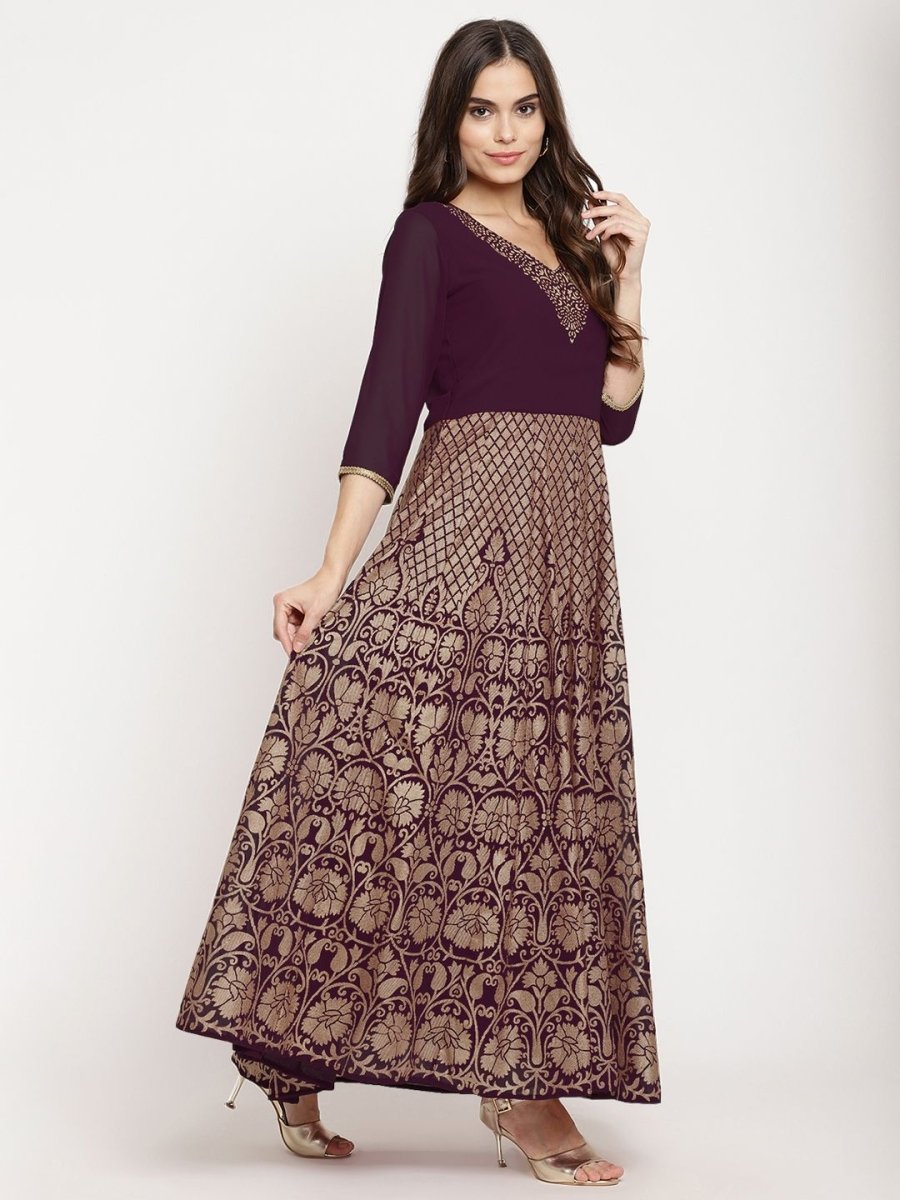 Ahalyaa Women's Wine Georgette Gold Foil Print Flared Kurta With Dupatta | Grocsy
