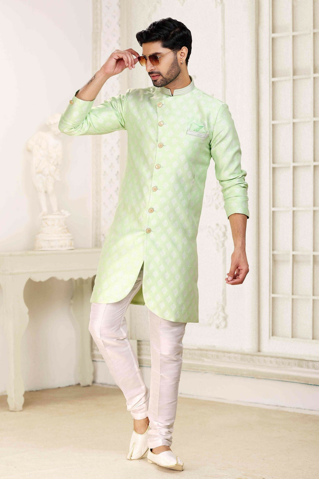 Raivat Ethnic Banarasi Jacquard Embroidery Semi Indo Western Sherwani In Pista Green Colour | Grocsy