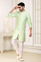Raivat Ethnic Banarasi Jacquard Embroidery Semi Indo Western Sherwani In Pista Green Colour | Grocsy