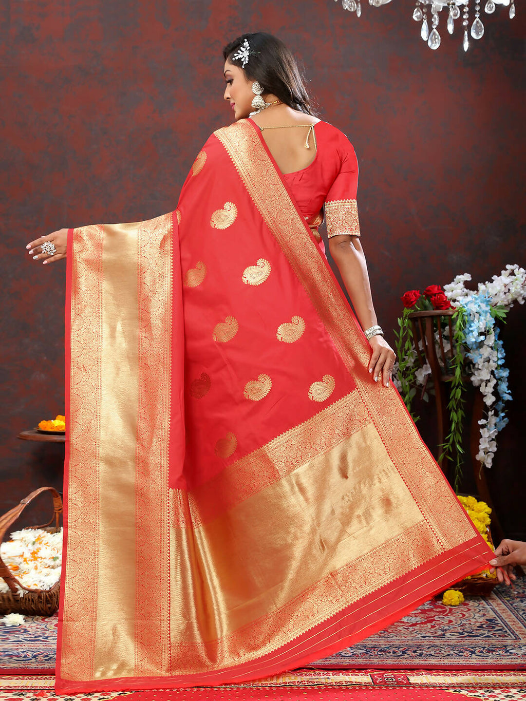 Lorenvalley Fashion Red Soft Silk Woven Design Gold Zari Weaving Saree | Grocsy