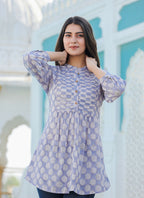 Kaajh Women's Grey Hand Block Printed Cotton Top | Grocsy