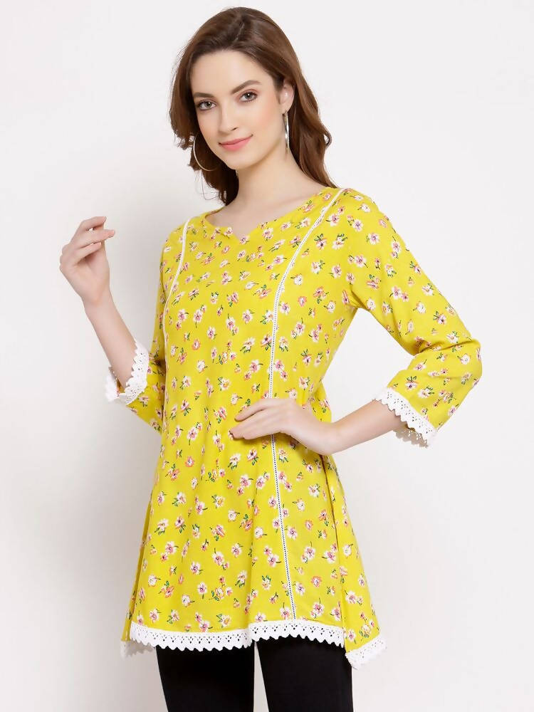 Myshka Women's Yellow Cotton 3/4 Sleeve Round Neck Printed Casual Tunic | Grocsy