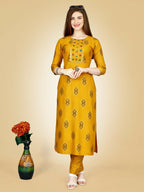 Jyoti Fashion Women's Yellow Viscose Rayon Embroidered Kurta Pant Set | Grocsy