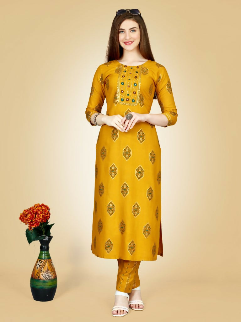 Jyoti Fashion Women's Yellow Viscose Rayon Embroidered Kurta Pant Set | Grocsy