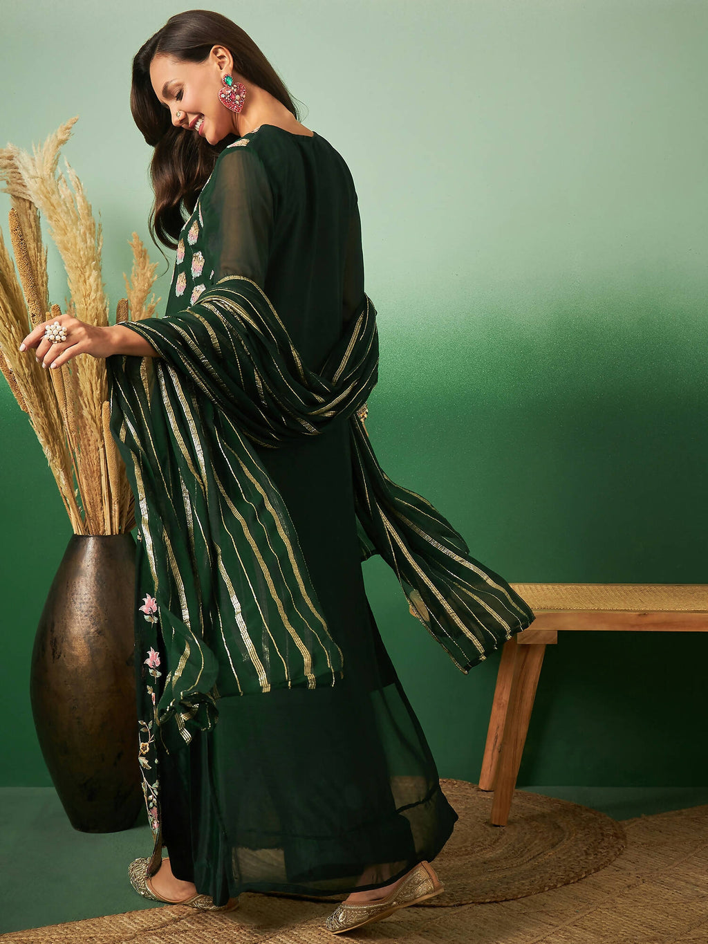 Green Georgette Handwork Unstitched Dress Material - Hanika | Grocsy