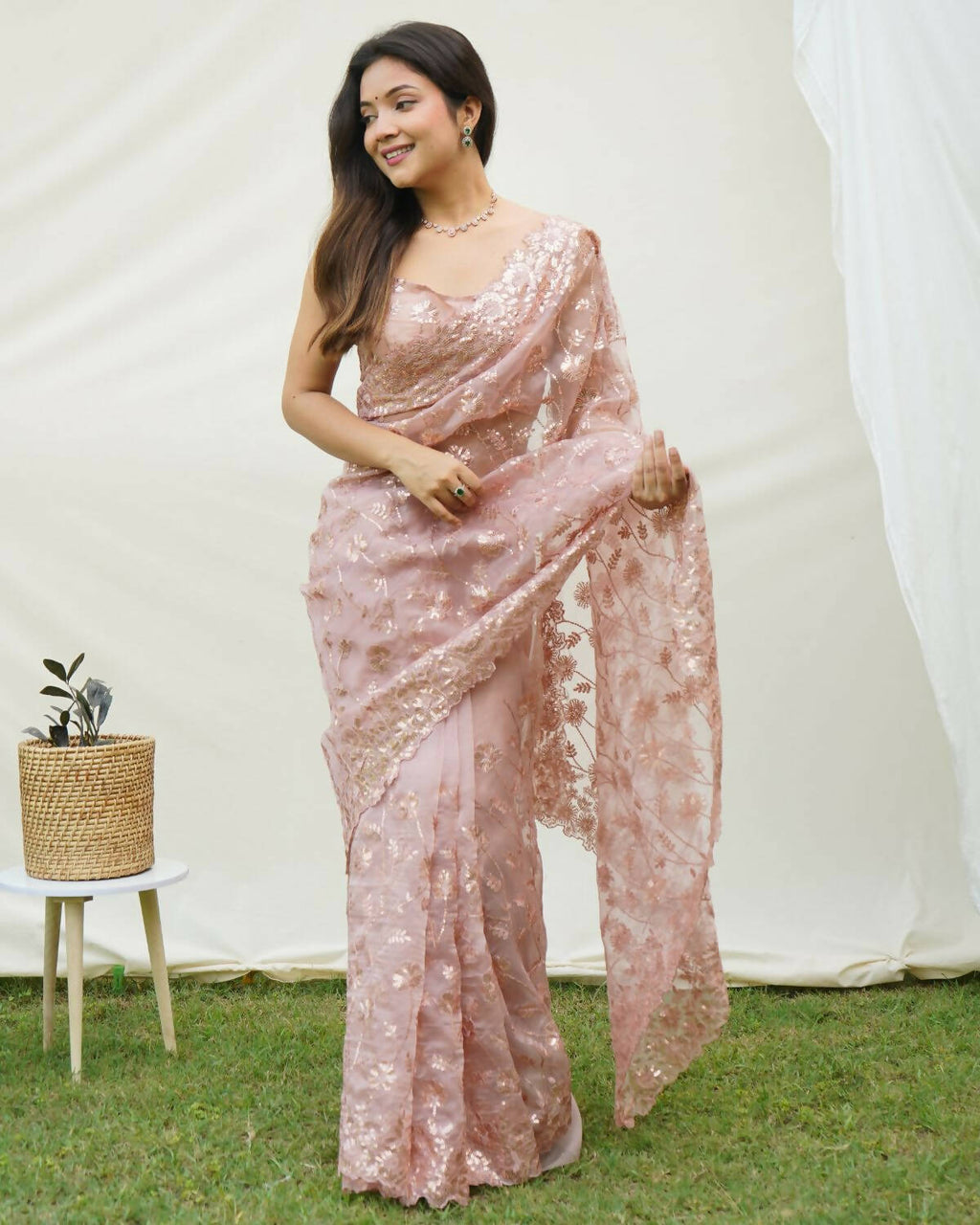 Vamsee Brown Organza Saree | Grocsy