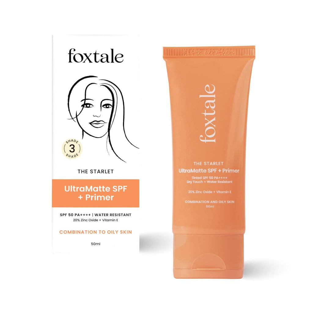 Foxtale Tinted Sunscreen SPF 50 PA++++ & Primer Shade 3 - Light, Water Resistant with Dry-Touch Finish, Blurs Out Pores | Grocsy